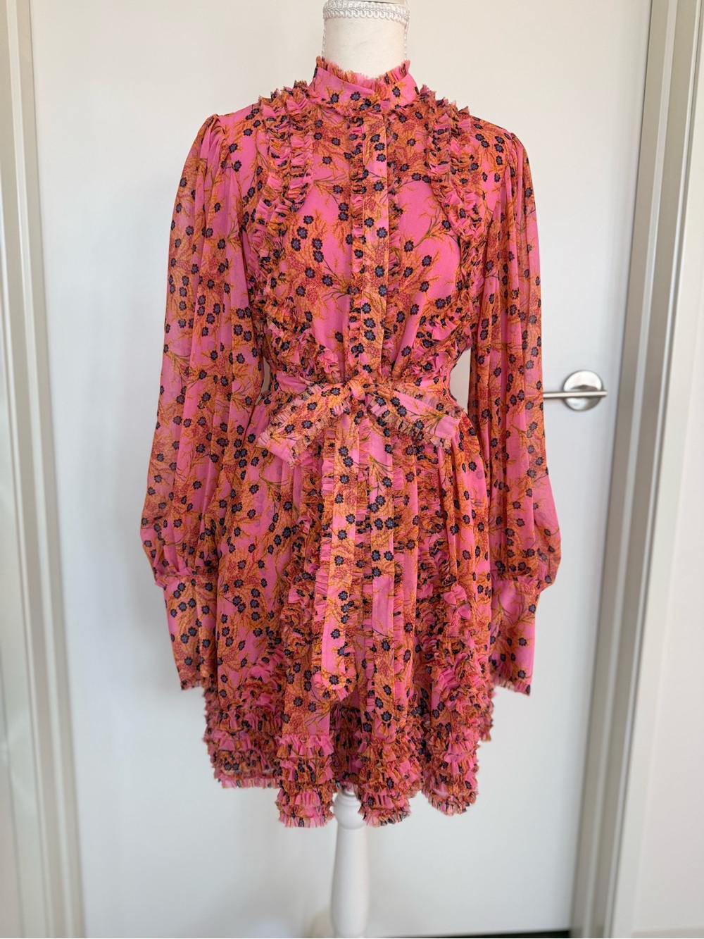 Alexis Pink Floral Ruffle Tie-Waist Long Sleeve Dress
